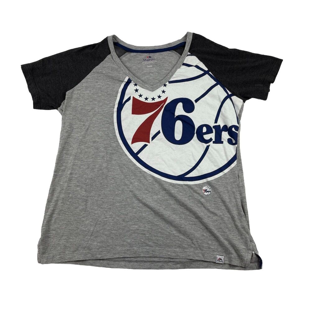 Philadelphia 76ers V Neck Shirt Womens M Gray Raglan Majestic Fan Fashion